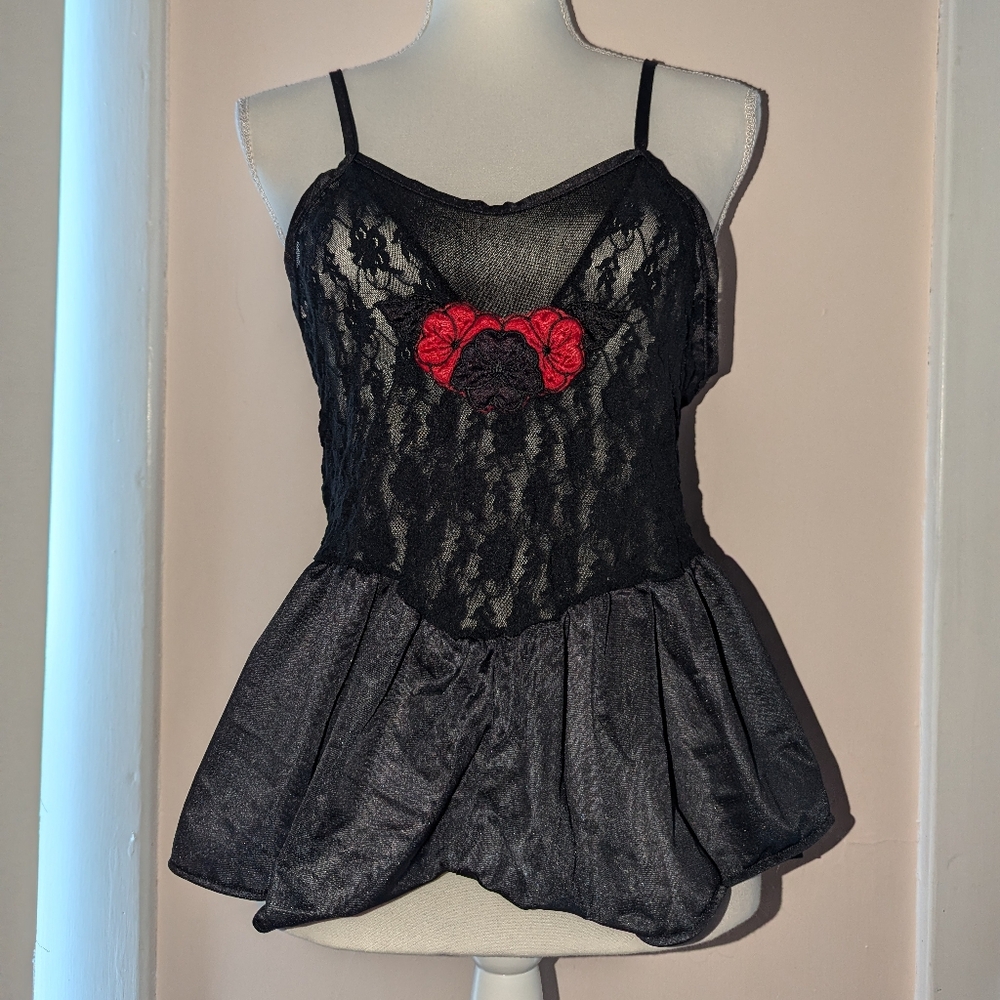 Vintage Black Lace Camisole Spaghetti Strap Top Lingerie Medium/Large